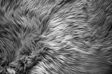 Full frame sectional close-up view of a soft gray faux longhair fur rug