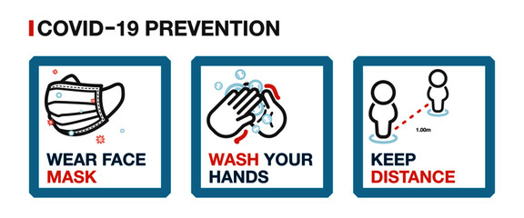 Prevention information related to Coronavirus (COVID-19). Coronavirus protection pictogram tips icons set. Vector illustration