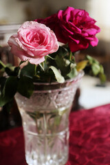 Interior still life, roses in a crystal vase, soft focus, blur background