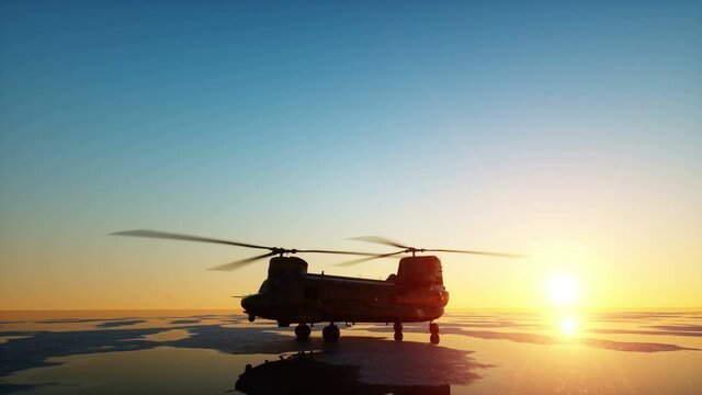 Military helicopter chinook, wonderfull sunset. Realistic animation GI.