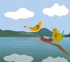 Obraz na płótnie Canvas The Bird's Couple Vector. The Birds in the Romantic Panorama