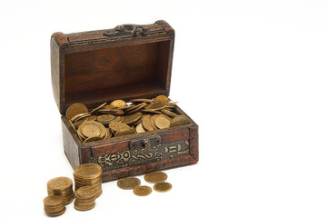Chest with coins on a white background.