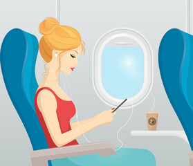 The girl is flying in a airplane. Beautiful girl in the cabin listening to music and drinking coffee. 