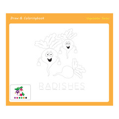 Simple educational draw and coloring game for kids. Illustration of funny Radishes. 