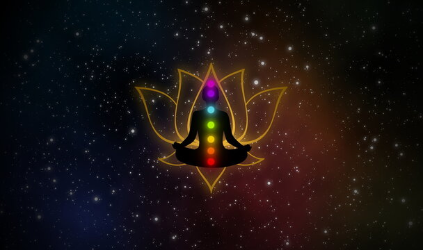 Meditation man and golden lotus sign in the universe