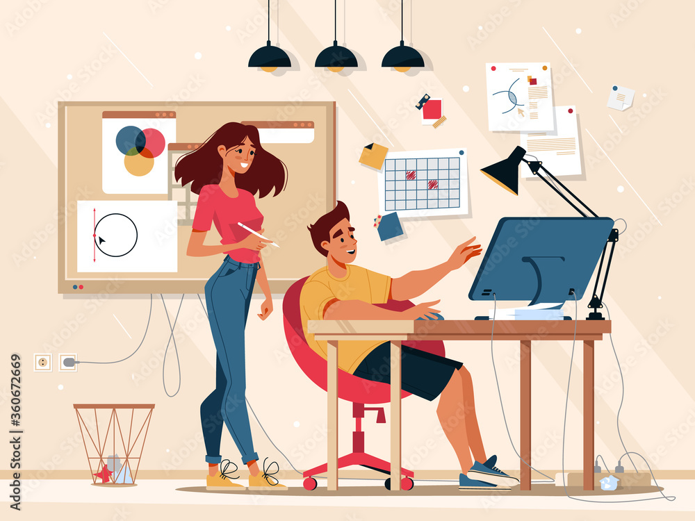 Aufkleber Workflow and teamwork communication in office, team work business management, vector flat illustration. Graphic designer in studio and manager supervisor or work coordinator at project development