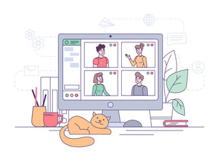 Video conference, online home office business call and teamwork communication, vector flat design. Video conference or group chat of webinar study or internet training and conversation