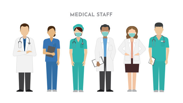 Group of medical staff in uniform, doctor and nurse icons. Vector illustration of flat design people characters