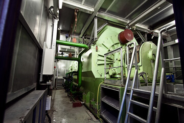 Daytime general view of the process pipelines for the supply of water and steam. General view of the process pipelines. General view of the pipes.