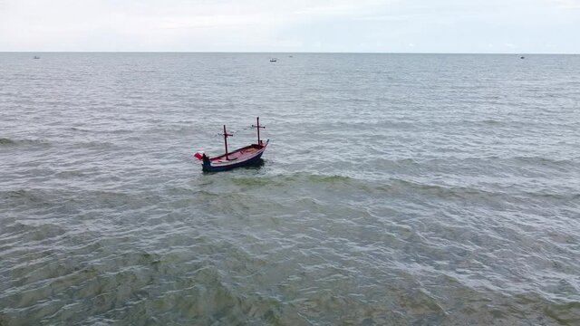 Small fishing boat in the sea. no people. copy space provided.