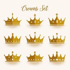 golden crowns set in flat style design