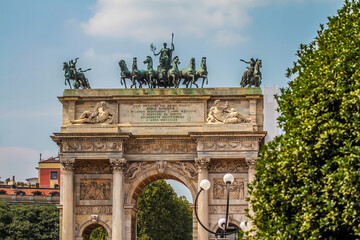 Fototapeta na wymiar Arch of Triumph (Arco della Pace) at Park Sempione in Milan