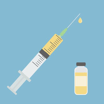 Illustration of a medical syringe contains yellow liquid medicine inside and vial of medicine for injection on a blue background