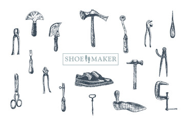 Workplace for cobbler. Hand drawn vector set of shoemaker and leather craft tools. Shoe repair elements. Working handmade tools. Boot-tree, cobbler's awl, bristle, shoe lasts, shoe shears, hammer