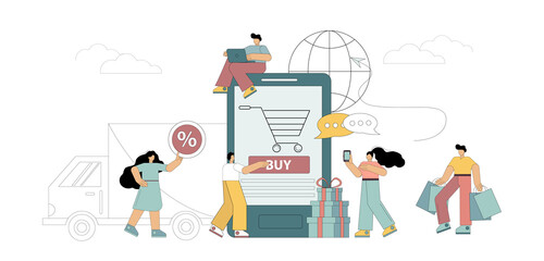 Fototapeta premium Sales and shopping concept. Flat people buy goods in the online store using digital gadgets. Isolated vector illustration.