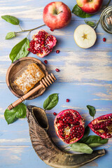 Rosh hashanah  (Hashana) - jewish New Year holiday concept. Traditional symbols: Honey jar and...