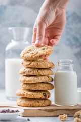 Oat vegan cookies with almond milk. Delicious chocolate diet treats for vegans, made from natural ingredients.