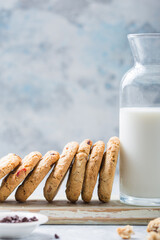 Oat vegan cookies with almond milk. Delicious chocolate diet treats for vegans, made from natural ingredients.