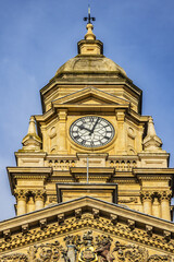Fragments of Cape Town City Hall facade. On Cape Town's Grand Parade stands an imposing Italian Renaissance style Edwardian building constructed from honey limestone in 1900. Cape Town, South Africa.