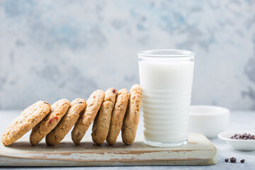 Oat vegan cookies with almond milk. Delicious chocolate diet treats for vegans, made from natural ingredients.