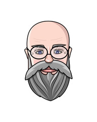Vector illustration of grey hair man's face. Hipster icon. Handsome bearded old man. Grandfather.