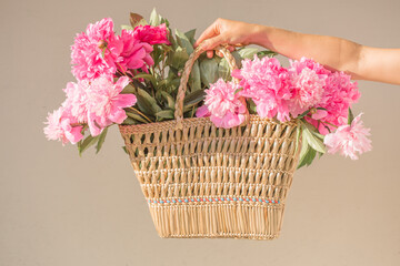 Boho girl holding pink peonies in straw basket. Stylish hipster woman in bohemian floral dress gathering peony flowers on white backgrounds. International Womens Day. Wedding decor and arrangement