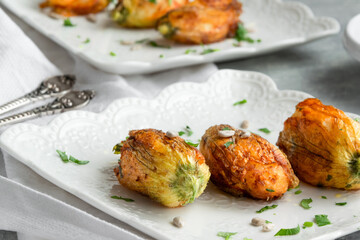 Ready to eat stuffed courgette flowers