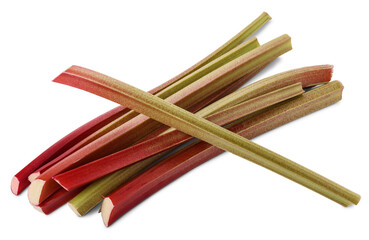 Pile of thick reddish stalks of rhubarb (rheum rhaponticum) isolated on white background.