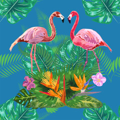 Trendy seamless pattern pink flamingo birds couple. Bright camelia flowers. Tropical monstera green leaves.