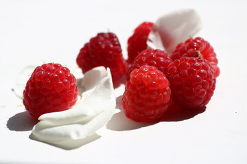 berries of ripe, fragrant raspberries with white rose petals close-up on a white background, macro