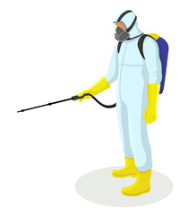Disinfection, fumigation, pest exterminator. vector illustration of a side view