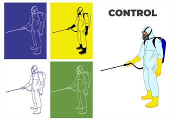 Disinfection, fumigation, pest exterminator. Set of vector illustrations of a side view