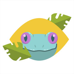 Vector image of blue frog with two leaves and yellow background
