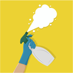 Hand with hand sprayer spraying cleaning disinfecting on yellow background.