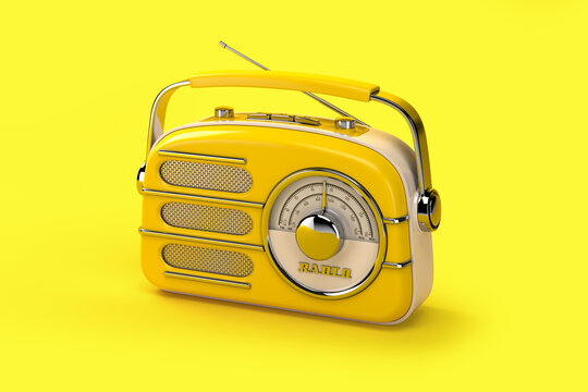 Yellow Vintage Radio On Yellow Background.