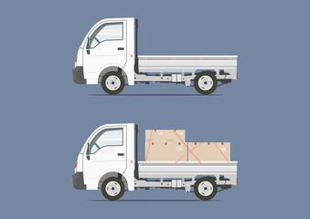 Loaded and empty small Asian truck. Side view. Flat vector.