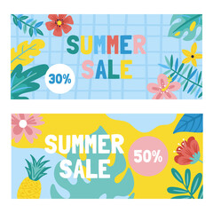 Summer cute sale banner with monstera leaf, flowers and palm leaves. Template for social media banner, poster or newsletter design