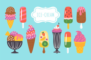 Ice cream and popsicle set for summer design. Childish print for cards, stickers and party invitations. Vector Illustration