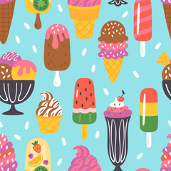 Seamless pattern for summer with ice cream and popsicle. Childish background for fabric, wrapping paper, textile, wallpaper and apparel. Vector Illustration