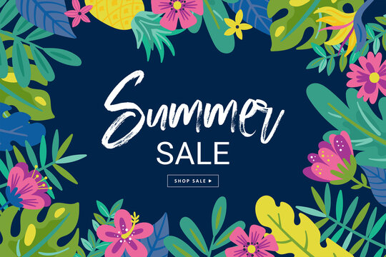 Tropical summer cute sale background with monstera leaf, flowers and palm leaves. Template for social media banner, poster or newsletter design