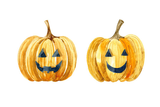 Watercolor card of carved pumpkins. Hand-drawn illustration isolated on the white background. Halloween party elements.