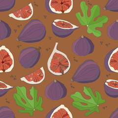 Vector seamless pattern in simple flat style. Figs, whole and in cut, leaves. Illustration for blogging, textiles, paper, etc.
