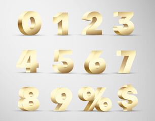 3d numbers golden volumetric design. Digits from zero to nine, percent, dollar sign realistic set.