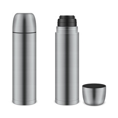 Metal thermos or vacuum flask realistic set. Dewar bottle open and closed mockups.