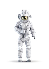 Kitchen chef astronaut / 3D illustration of space suit and chef hat wearing male figure holding large cooking knife isolated on white studio background