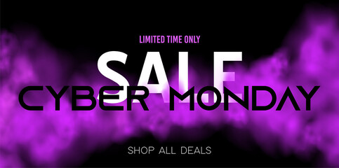 Cyber monday sale concept on dark background with purple smoke. Transparent mist. fog cloud. For design website, night club poster, advertising flyer