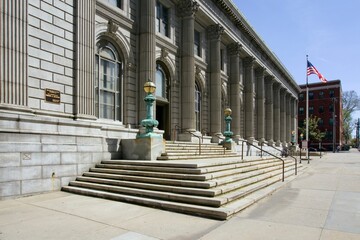 Jersey City, NJ / USA - 5/2/18: Landscape view of the Main Post Office at 69 Montgomery St, Jersey City