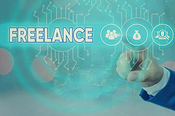 Writing note showing Freelance. Business concept for working at different firms rather than being...