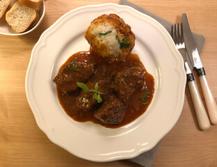 Classic Beef goulash with bread dumpling.