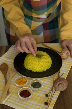 cooking rice with Curcuma Longa, turmeric or Zerdecal for healthy life
